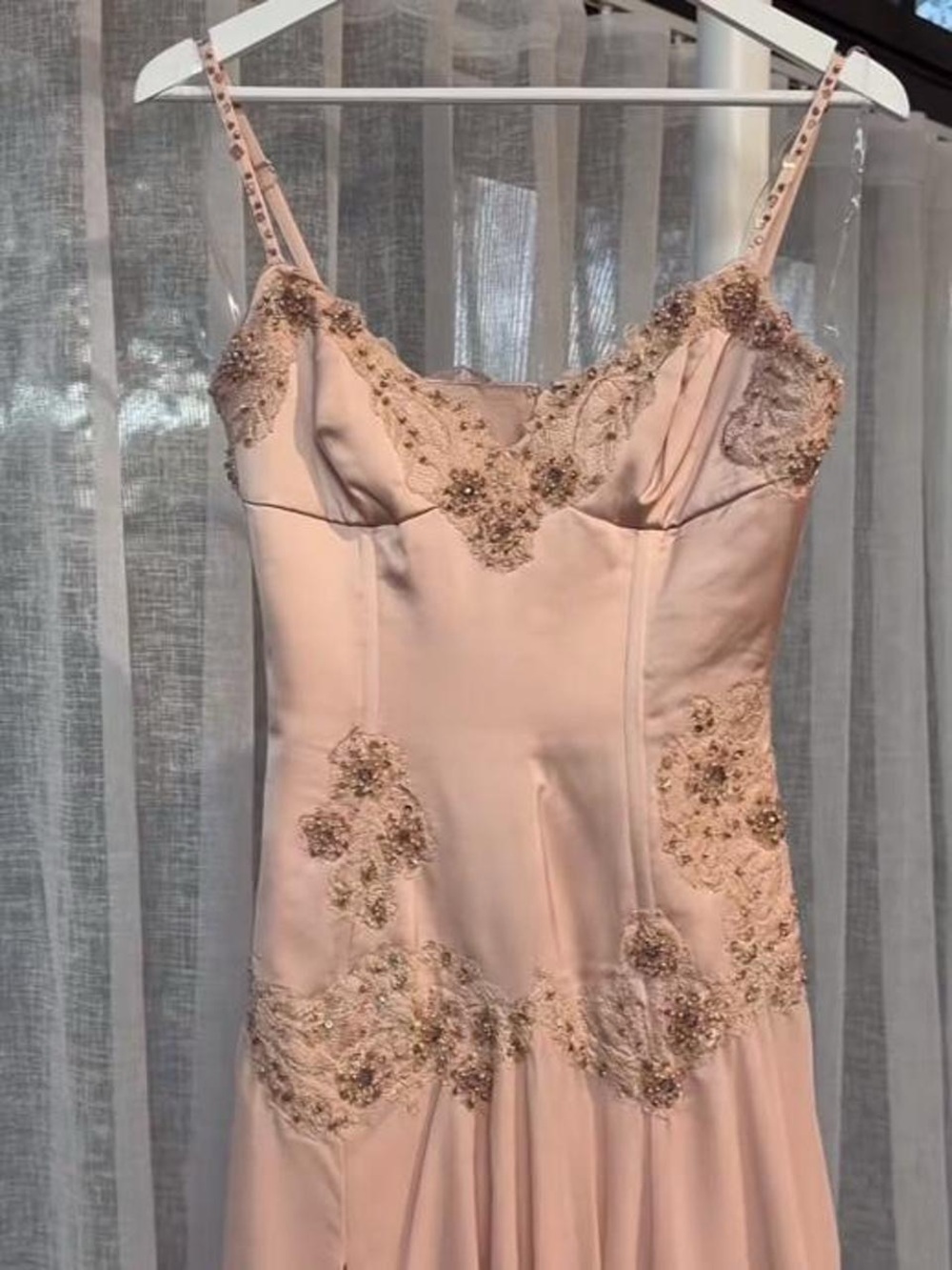 House of CB ' Saloma' blush satin custom hand beaded embellished maxi dress